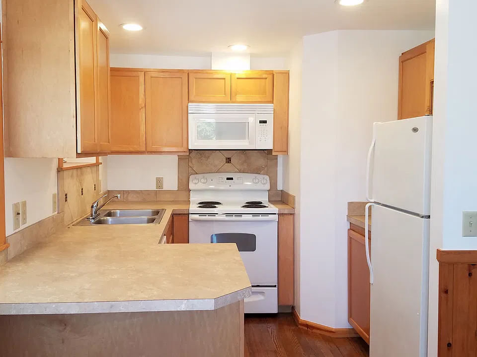 Kitchen includes dishwasher, microwave, stove, and fridge.