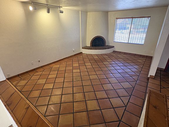 Living room wood burning fireplace