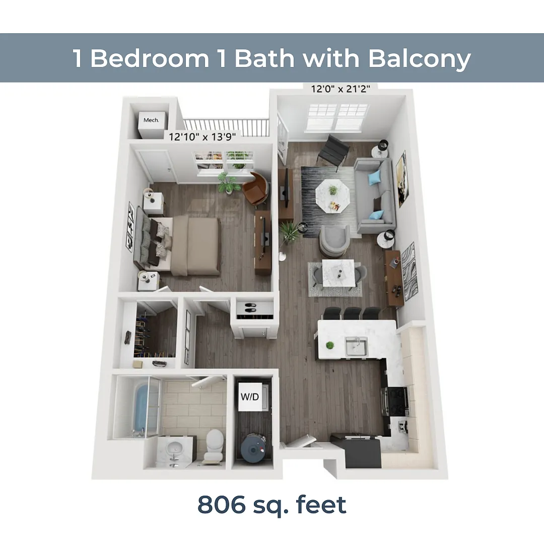 Floor plan 1 BR 1 Bath w Balcony