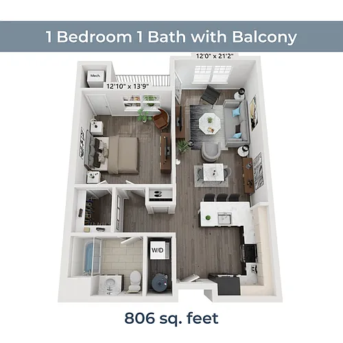 Floor plan 1 BR 1 Bath w Balcony