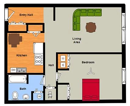 Floor plan 1 Bed, 1 Bath Flat with W/D Hook-Up
