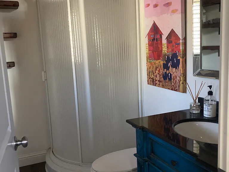 Master bathroom with custom live edge shelving.