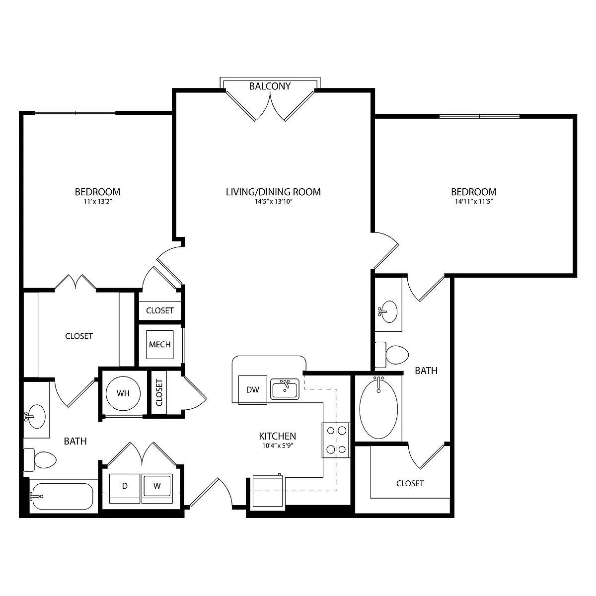 Floor plan 2 Bedroom, 2 Bath 1110 SF KC18