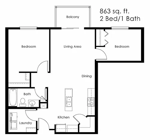Floor plan 2 Bed 1 Bath | 866 sqft
