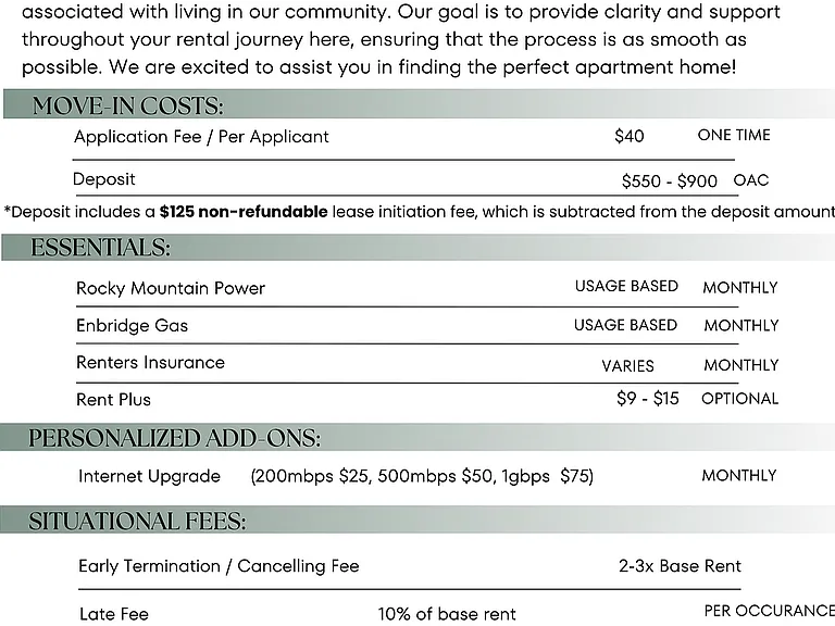 Wingpointe Fee Guide