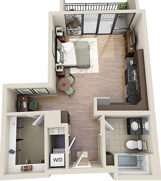 549 square foot studio apartment with 1 bath luxury vinyl tile floors and private balcony
