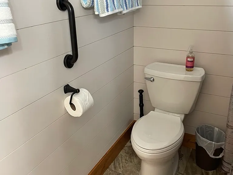 Bathroom area with higher toilet, plenty of towel bars, and handicap bar.
