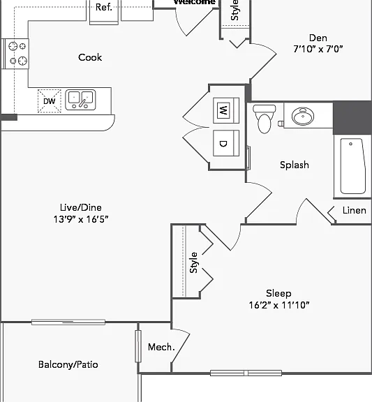Athens 1 Bed x 1 Bath Floorplan Athens 1 Bed x 1 Bath Floorplan