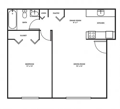 Floor plan 1 Bed, 1 Bath - 600 sq ft