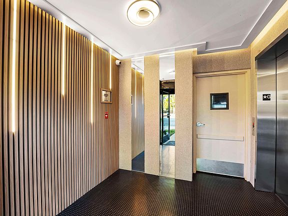 Newly upgraded lobby, a sleek and stylish space with modern details and sophisticated lighting.