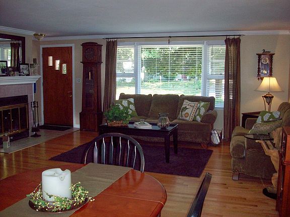Wood-burning fireplace.
