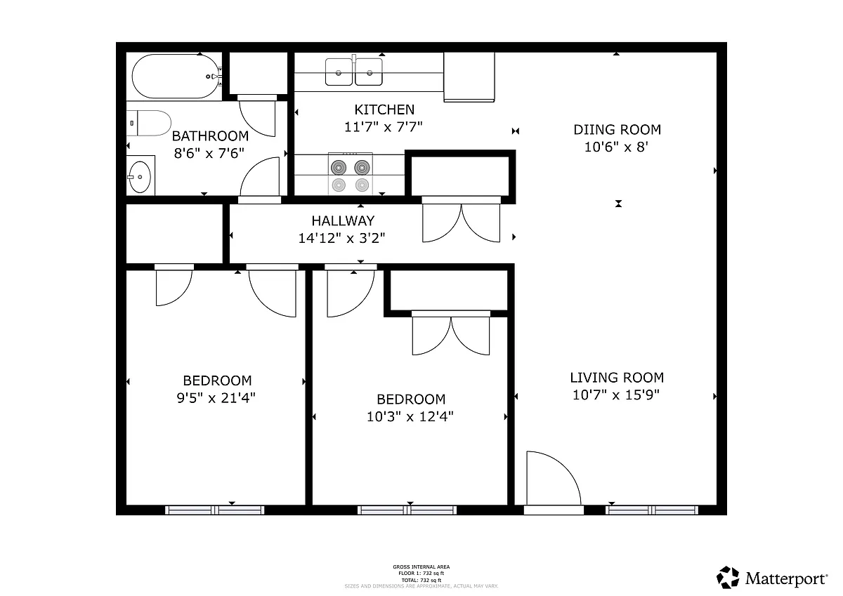 Floor plan 2 Bedroom, 1 Bath