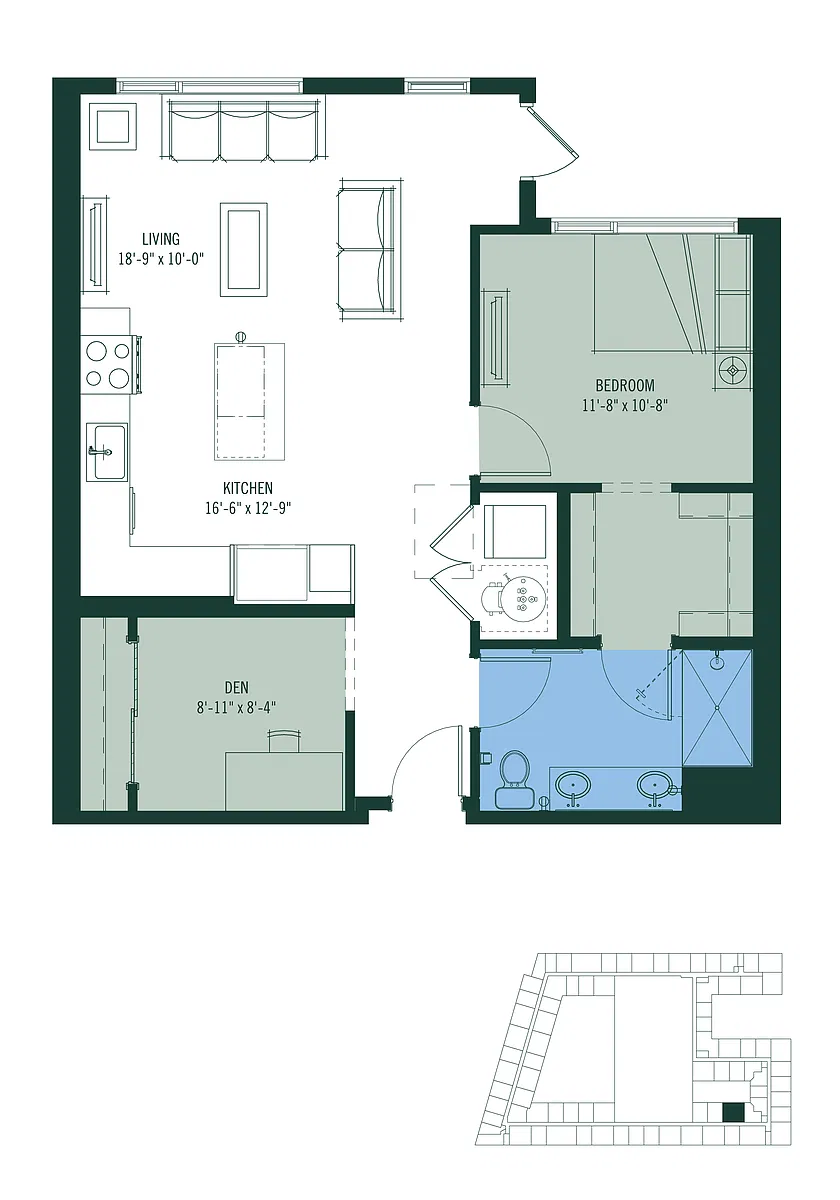 Floor plan 1 Bed/1 Bath Den-AD8