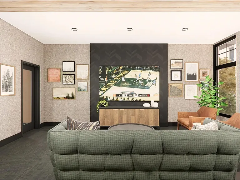 The clubroom at Modera Bridle Trails features warm, inviting seating and thoughtfully designed spaces perfect for relaxing or gathering.