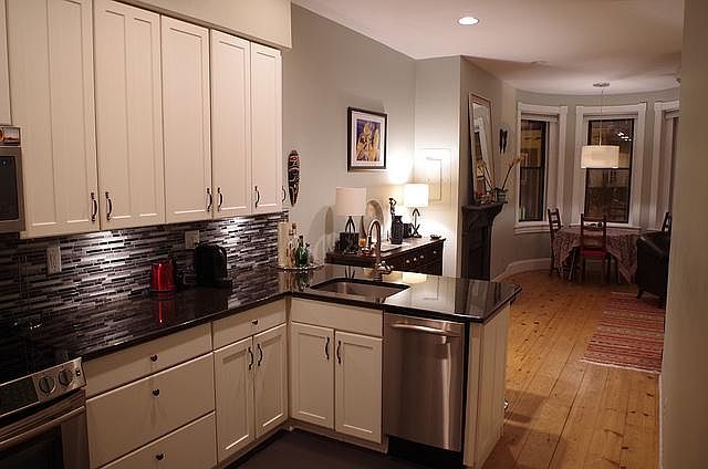 Kitchen view into living room