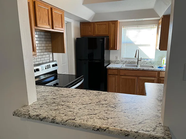 new fridge, stove, sink, cab