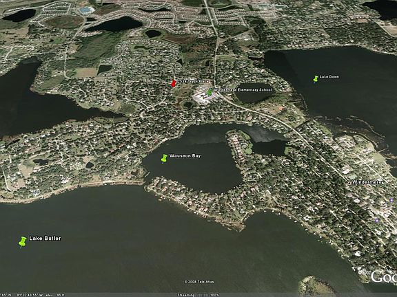 Red mark is house location.  Butler chain comprises most of the lake system.