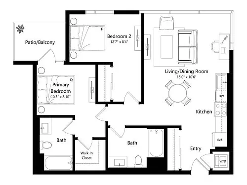 Floor plan 2J - 2 Bed 2 Bath