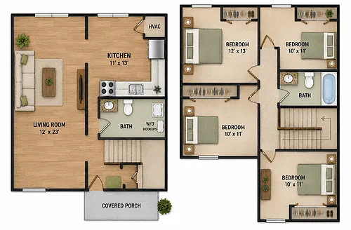 Floor plan Four Bedroom 1.5 Bath Townhome