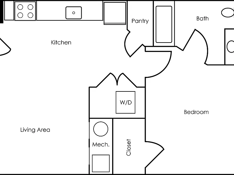 One bedroom, one bath floor plan with stackable washer and dryer, and stainless steel appliances. One bedroom, one bath floor plan with stackable washer and dryer, and stainless steel appliances.