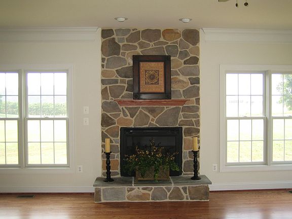 Stone fireplace in family room.