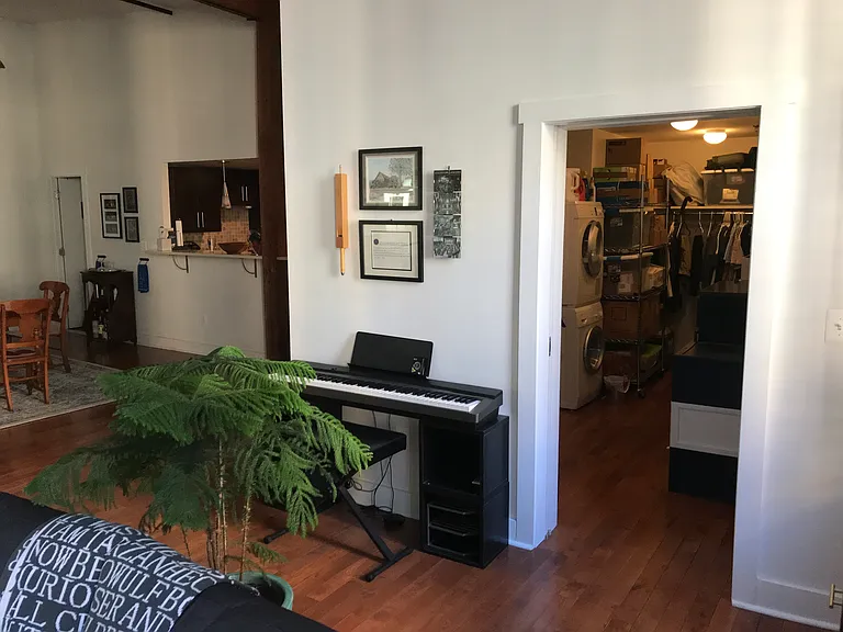Closet can be hidden from view by a pocket door that slides out.