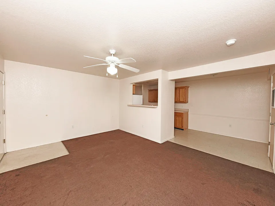 Spacious living room with carpet & ceiling fan