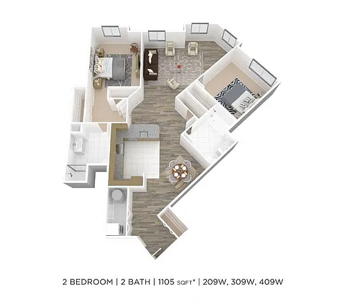 Floor plan Two Bedroom 2 Bath- 1105 sqft