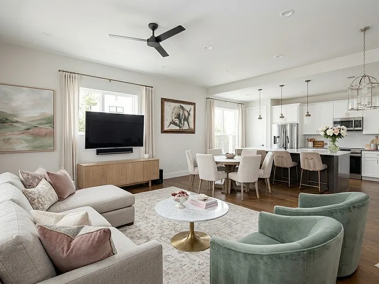 1st floor open concept living room, kitchen table, kitchen.