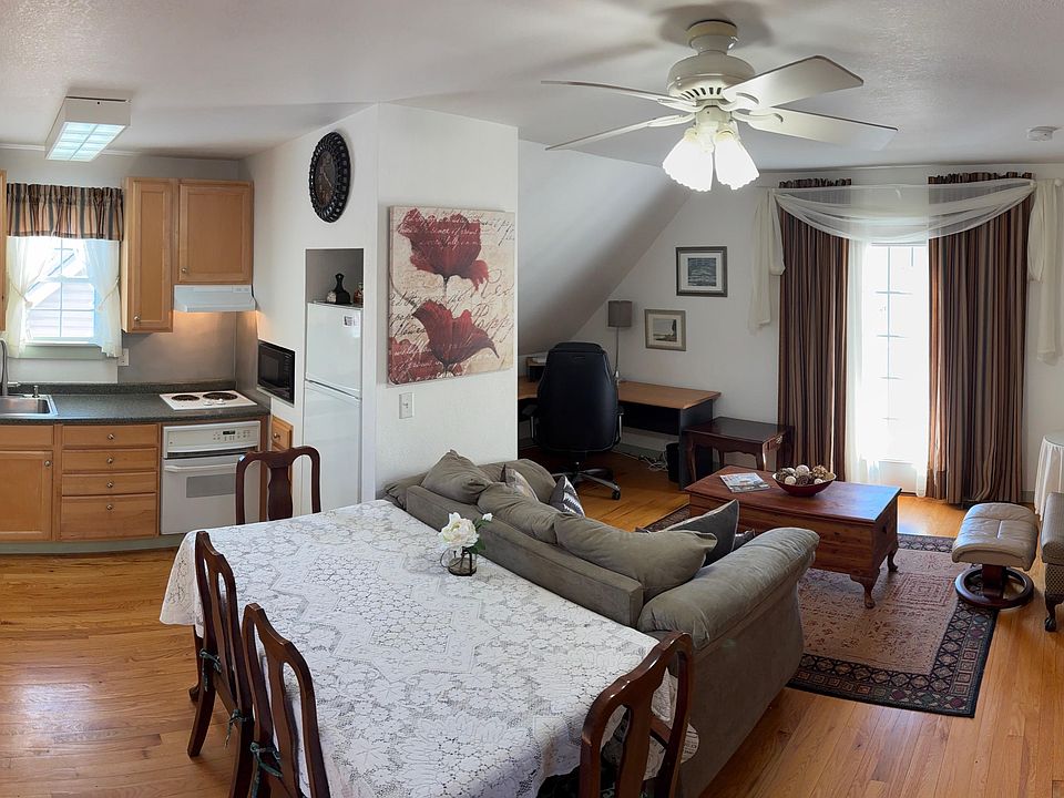 It has a FULL KITCHEN with a 2-burner cooktop, under countertop oven, refrigerator and microwave. The exhaust hood vents to the outside. The corner behind the frig has an office desk, chair and built in book shelves.