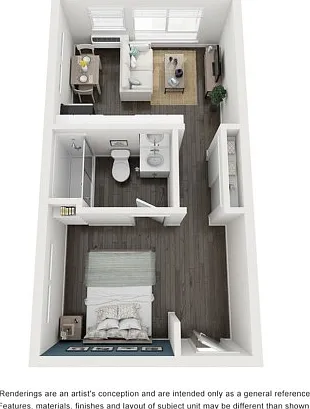 Corner studio apartment home. Has an extra transom window in the bedroom and kitchen area. Located on the top- 5th floor, has vaulted ceilings and extra windows. Bedroom and kitchen/living space are seperated by a hallway and bathroom. Tons of kitchen cab