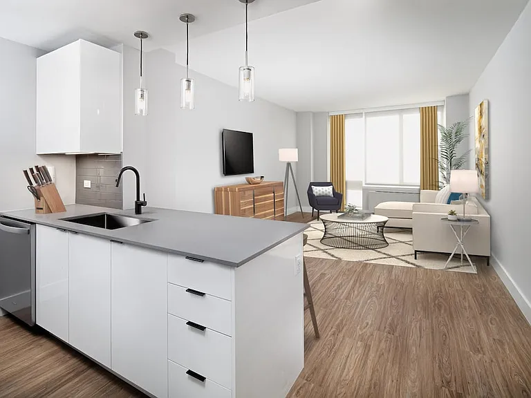 Renovated Package I kitchen, living, and dining areas