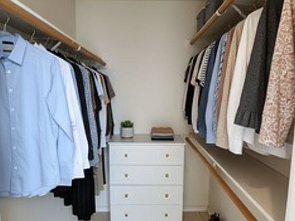 Walk in closet in primary bedroom. Virtual staging.