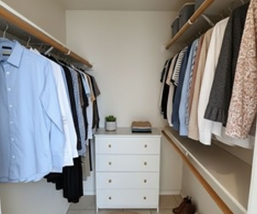 Walk in closet in primary bedroom. Virtual staging.