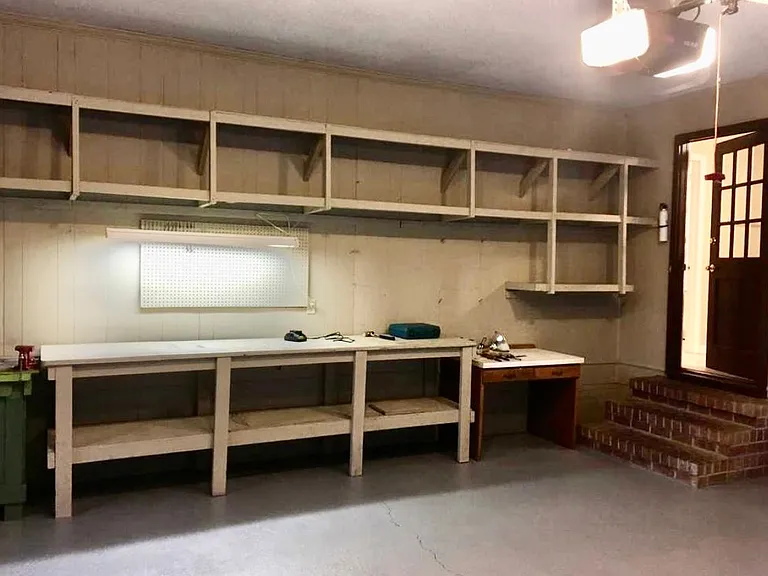 2 car garage with shelving