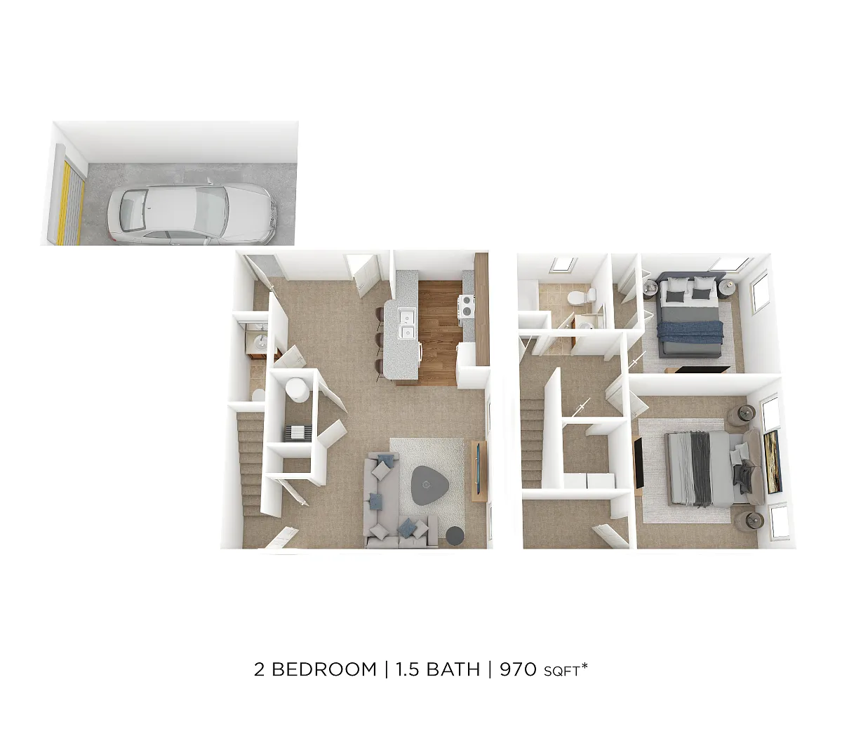 Floor plan Two Bedroom 1.5 Bath- 970 sqft