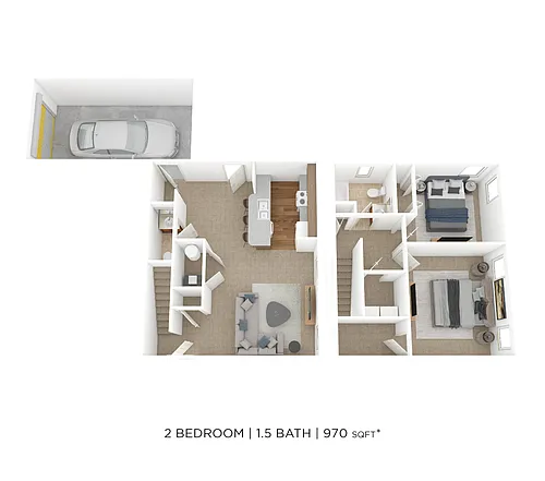 Floor plan Two Bedroom 1.5 Bath- 970 sqft
