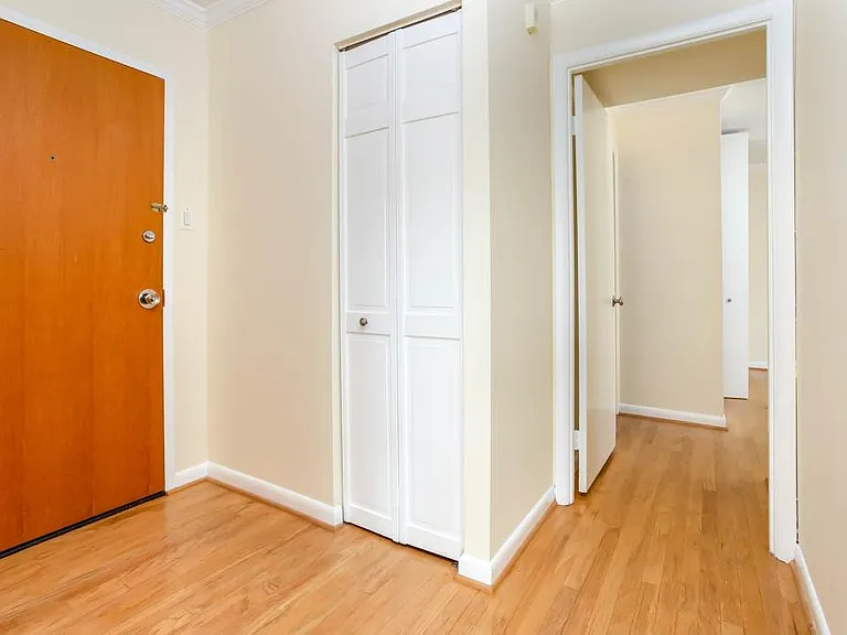 Entrance, entry coat closet and hall to bedroom