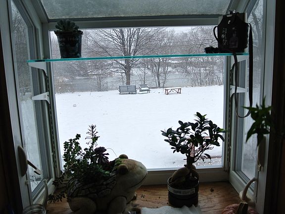 Facing out the kitchen garden window, the backyard facing the pond. There is a firepit by the benches.