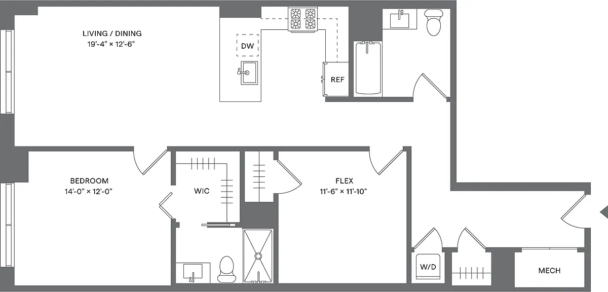 Floor plan 1 Bed+1Flex/2 Bath_A14D