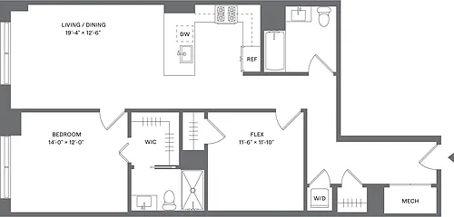Floor plan 1 Bed+1Flex/2 Bath_A14D