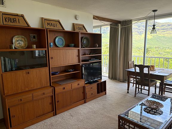There is lots of storage in these cabinets. There is a drop down desk. There is also a television.