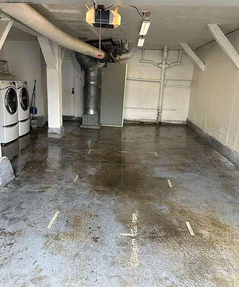 Large sized Garage, storage shelves, space for workout equipment