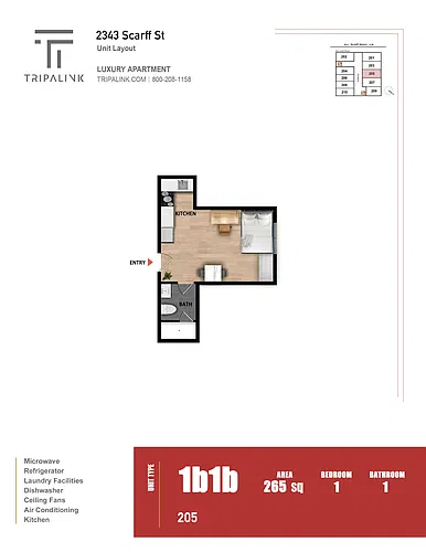 Floor plan 1 Bed 1 Bath - 265 sqft