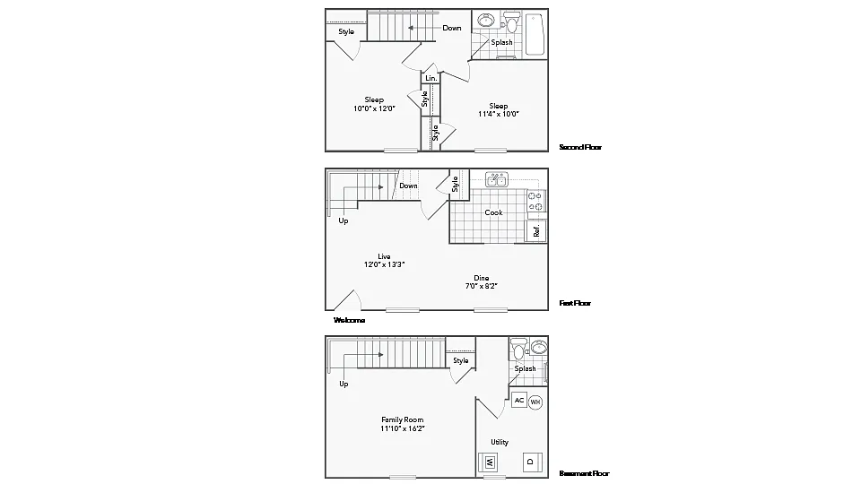 Floor plan 2 Bed 1.5 Bath Townhome Washer Dryer