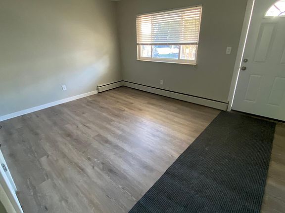 Nice size Living room has fresh paint, new flooring, new front door and a closet