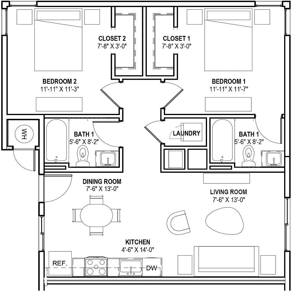 Floor plan B1: 2 Bed 2 Bath