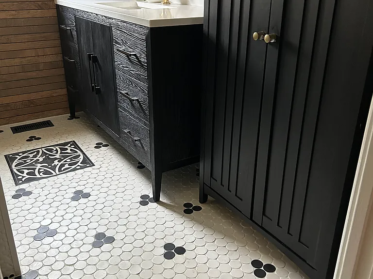 First bathroom Restoration Hardware vanity. Imported tile.