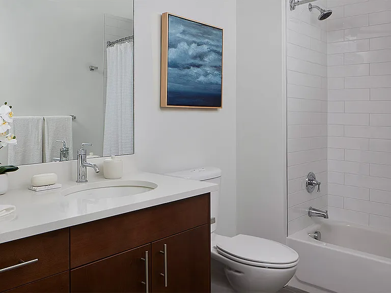 Apartment bathroom with wood-style flooring.