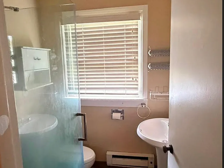 Updated shower, light and bright bathroom.